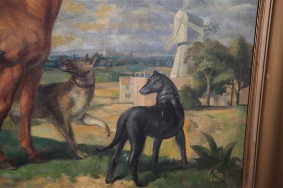 Modern British Portrait of an equestrienne with dogs in a landscape 28 x 36in.